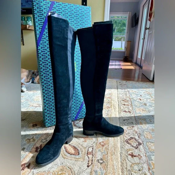 NIB Tory Burch Black Caitlin Stretch Over the Knee Suede/Neoprene Boots - Picture 6 of 14